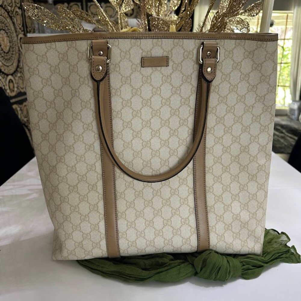 Gucci Supreme Tote Bag Beige Leather Women's Used
